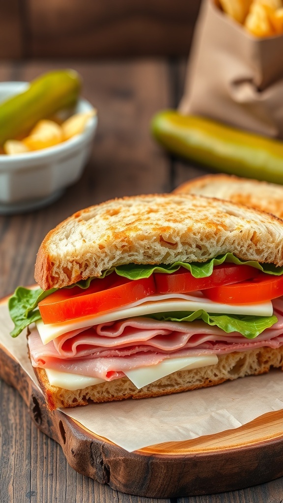 Sourdough Bread Sandwich Recipe A delicious sourdough bread sandwich with deli meat, cheese, lettuce, and tomato on a wooden table.